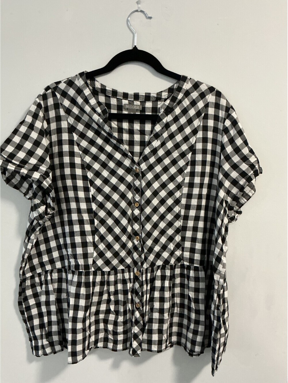 Falls Creek Plus Size 2X Women's Black White Plaid Buffalo Peplum Blouse #149